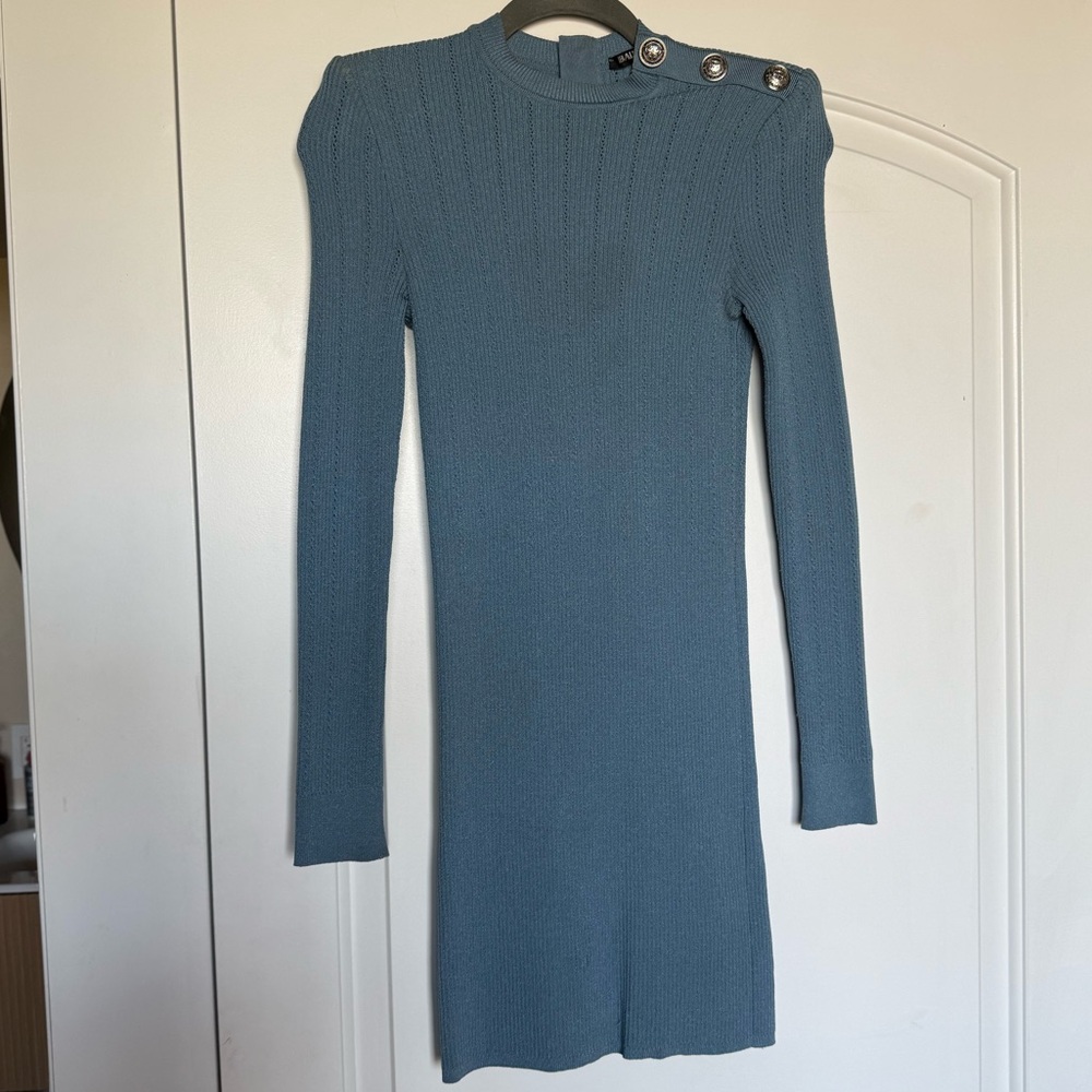 Balmain Blue Knit Dress Silver Buttons w Shoulder Pads